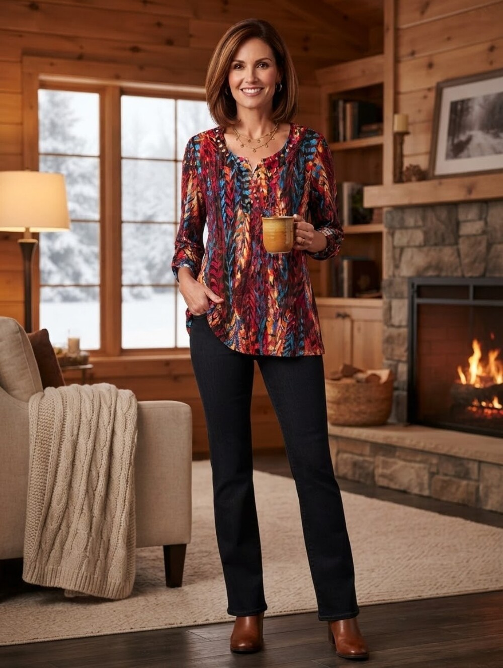Valerie Stevens Multicolor Red Blue Orange Stud-Accent Tunic